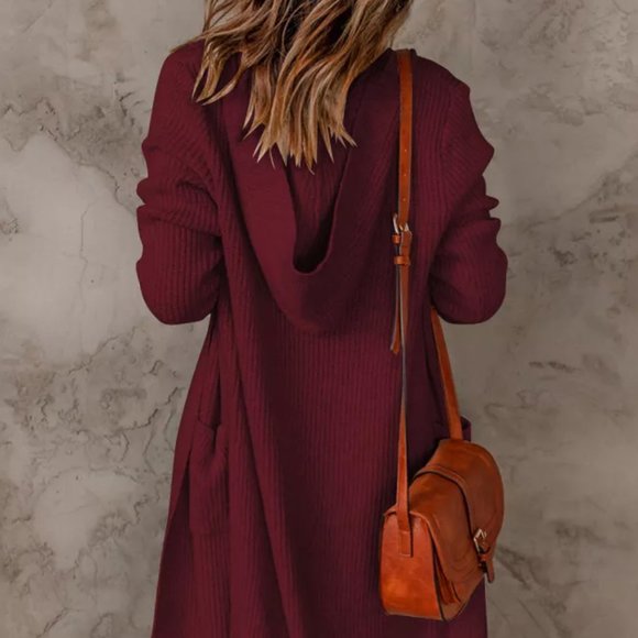 Hooded Knit Cardigan Jacket Burgundy - Picture 5 of 6